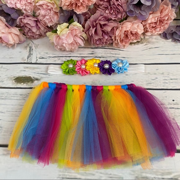 Newborn Baby Rainbow Tutu and Headband Photo Prop - Picture 2 of 8